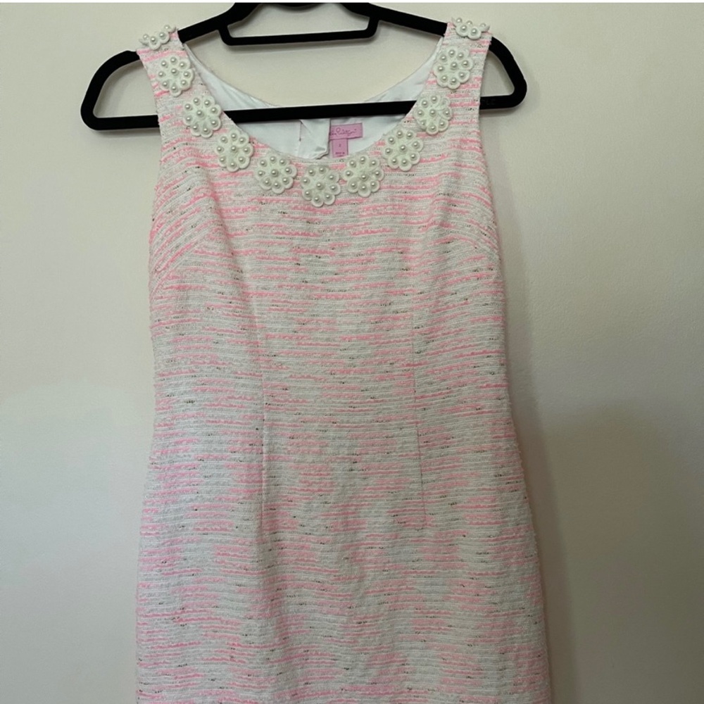 Lilly Pulitzer Pearl Beaded Pink Shift Tweed Dress